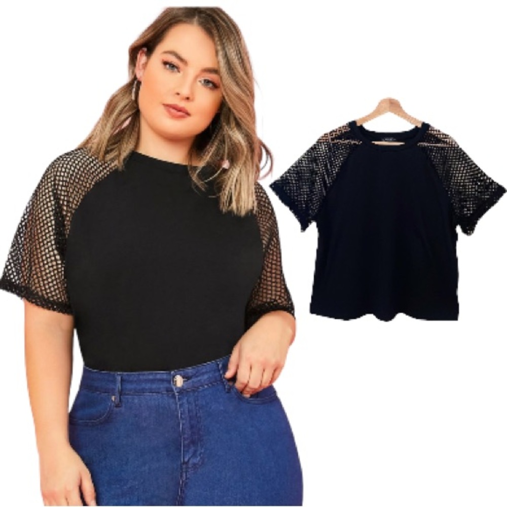 2/$18 Shein Black Fish Net Raglan Sleeve T-shirt Size 1XL
